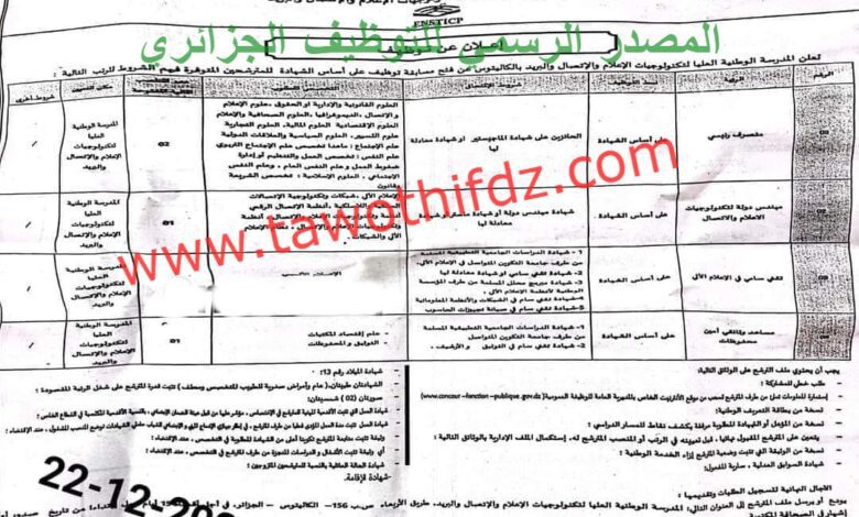 اعلان توظيف بالمدرسة الوطنية العليا للتكنولوجيا الاعلام والاتصال والبريد