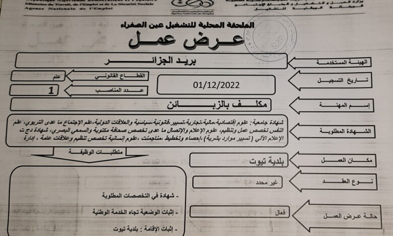 عرض عمل ببريد الجزائر النعامة