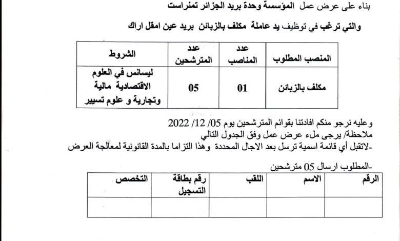 عرض عمل ببريد الجزائر تمنراست