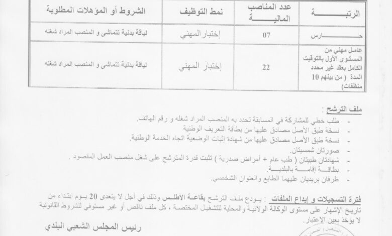 اعلان توظيف ببلدية بسكرة 29 منصب