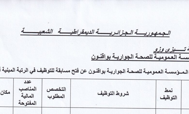 اعلان توظيف بالمؤسسة العمومية للصحة الجوارية بواقنون تيزي وزو