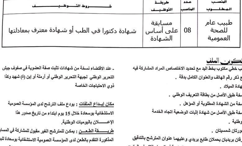 اعلان توظيف بالمؤسسة العمومية الاستشفائية بوسعادة المسيلة