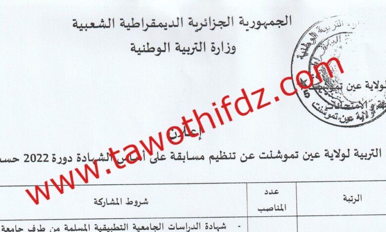اعلان مسابقة توظيف بمديرية التربية لولاية عين تيموشنت