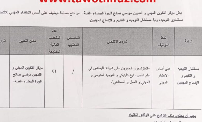 اعلان توظيف بمركز التكوين المهني والتمهين مونسي صالح الربوة البيضاء بالقبة الجزائر