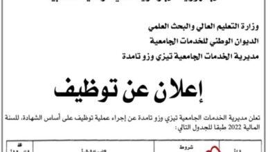 اعلان توظيف بمديرية الخدمات الجامعية تيزي وزو