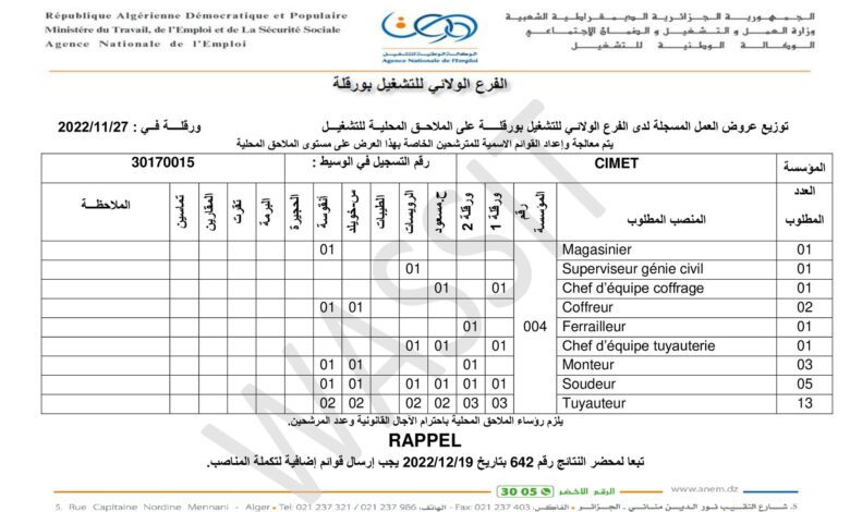 عرض عمل بشركة CIMET في عدة التخصصات
