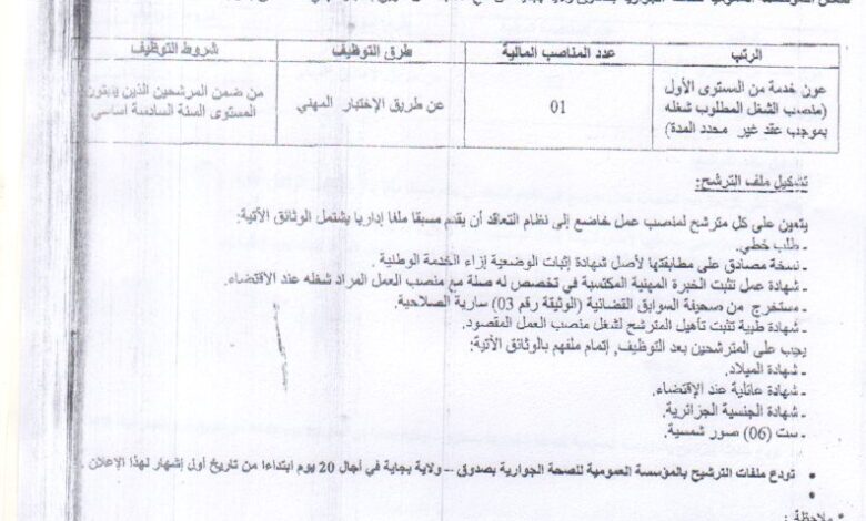 اعلان توظيف بالمؤسسة العمومية للصحة الجوارية صدوق بجاية