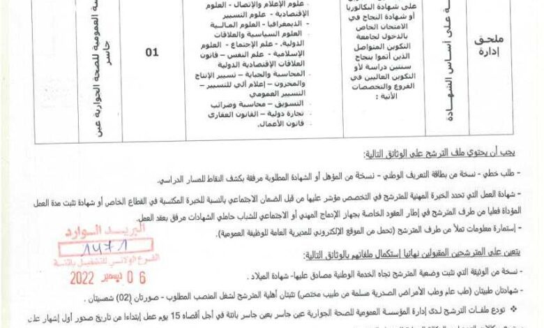 اعلان توظيف بالمؤسسة العمومية للصحة الجوارية عين جاسر باتنة