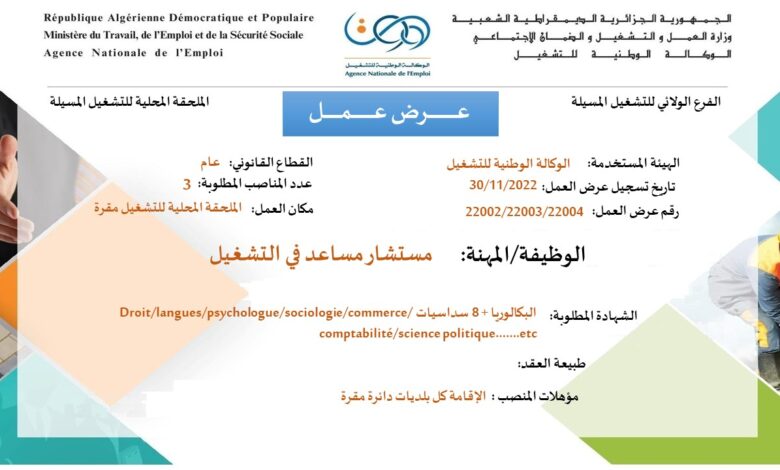 عرض عمل بوكالة الوطنية للتشغيل المسيلة