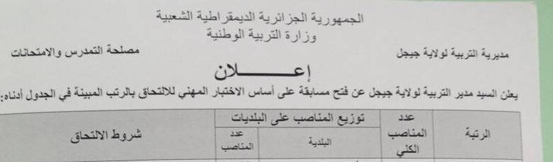 اعلان توظيف بمديرية التربية لولاية جيجل 40 منصب