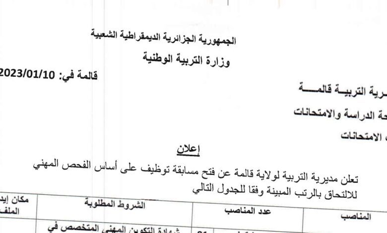 اعلان توظيف بمديرية التربية لولاية قالمة