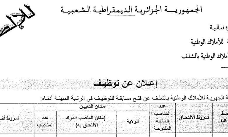 اعلان توظيف بمديرية الجهوية للأملاك الوطنية بالشلف عين الدفلى غليزان