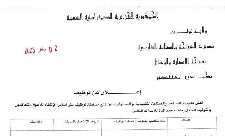اعلان توظيف بمديرية السياحة والصناعة التقليدية توقرت