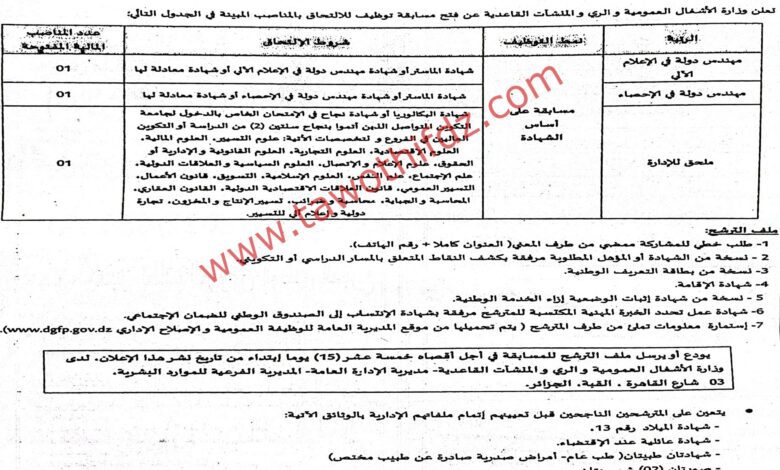 اعلان توظيف بوزارة الاشغال العمومية والري والمنشآت القاعدية الجزائر