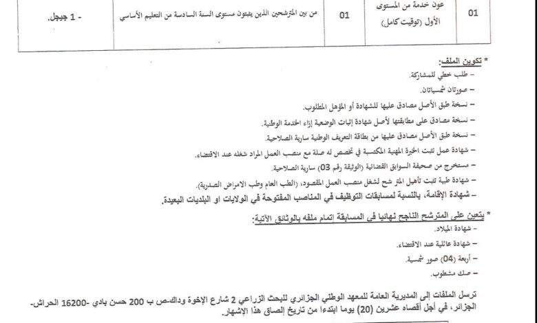 اعلان توظيف بالمعهد الوطني الجزائري البحث الزراعي جيجل