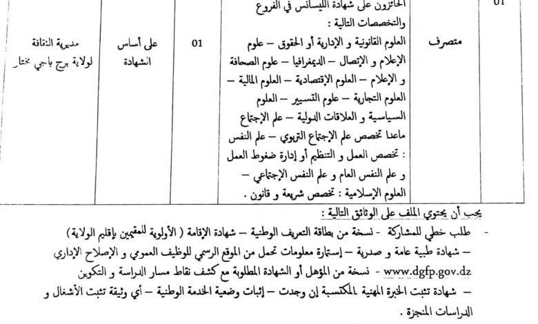 اعلان توظيف بمديرية الثقافة لولاية برج باجي مختار