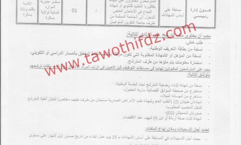 اعلان توظيف بمديرية الموارد المائية بسكرة
