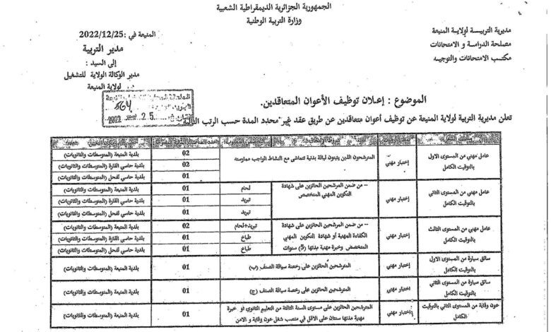 اعلان توظيف بمديرية التربية لولاية المنيعة 15 منصب