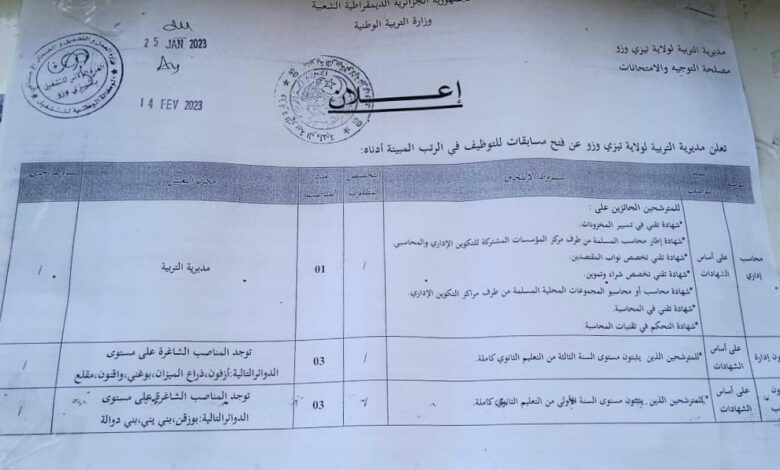 اعلان مسابقة توظيف بمديرية التربية لولاية تيزي وزو
