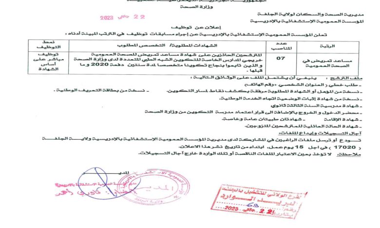 اعلان توظيف بالمؤسسة العمومية الاستشفائية الادريسية الجلفة