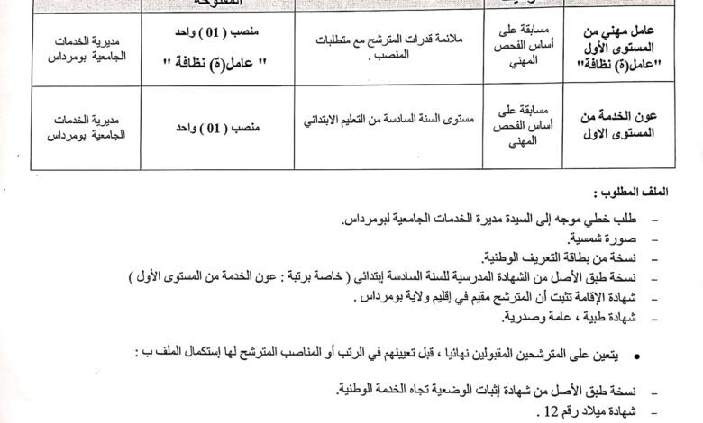 اعلان توظيف بمديرية الخدمات الجامعية لولاية بومرداس