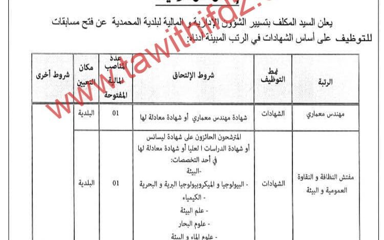 اعلان توظيف ببلدية المحمدية ولاية الجزائر