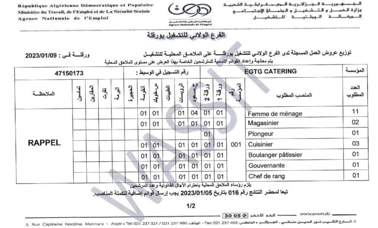 عرض عمل بشركة EGTG CATRING في مختلف الاختصاصات كلا الجنسين