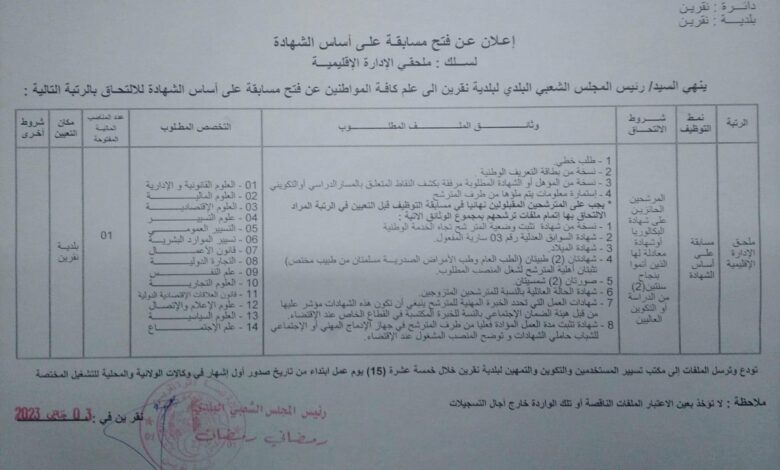 اعلان توظيف ببلدية نقرين ولاية تبسة