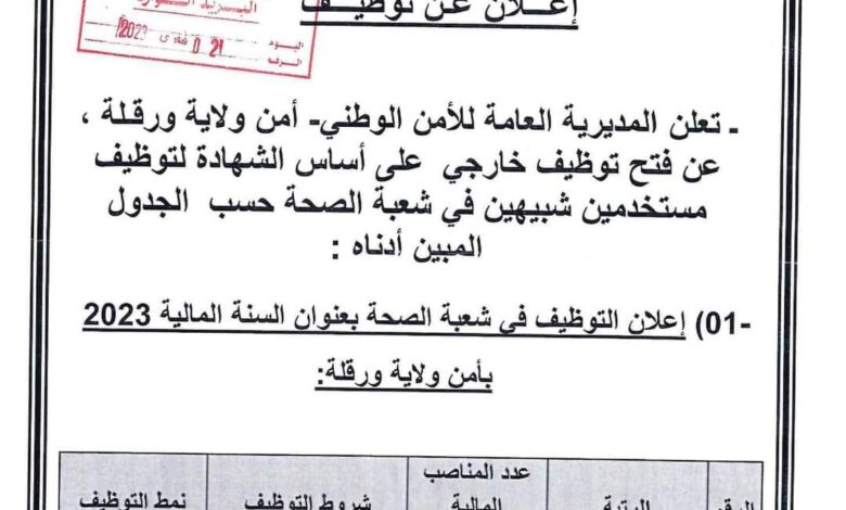 اعلان توظيف بأمن ولاية ورقلة