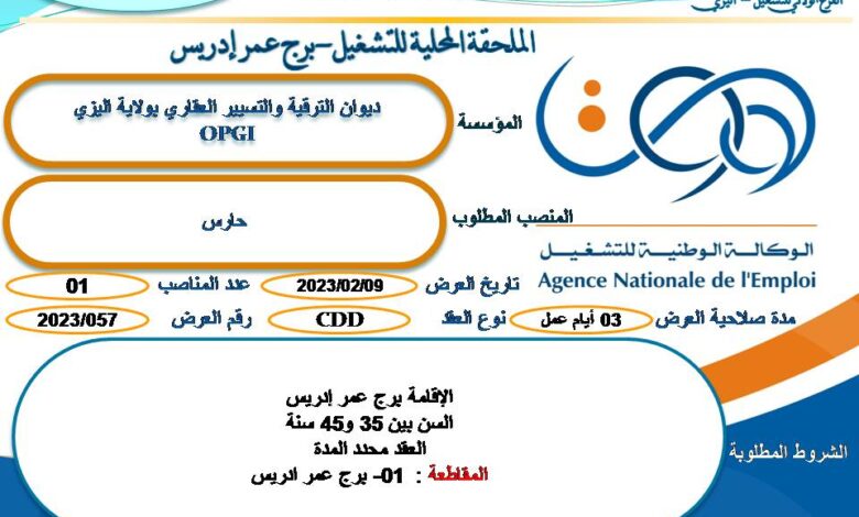 عرض عمل بديوان الترقية والتسيير العقاري اليزي OPEGI