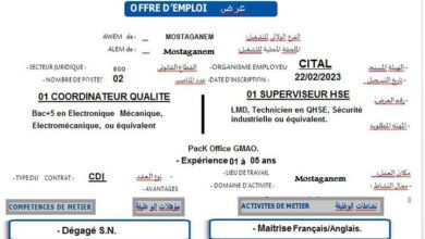 عرض عمل بشركة سيتال CITAL مستغانم