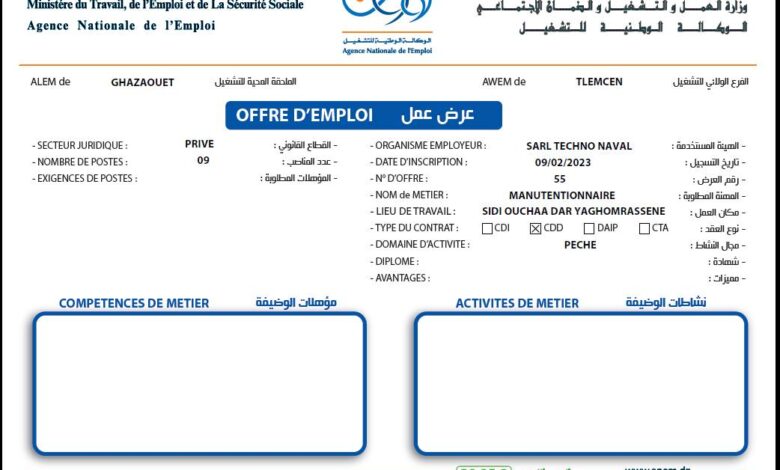 عرض عمل بشركة SARL TECHNO NAVAL تلمسان