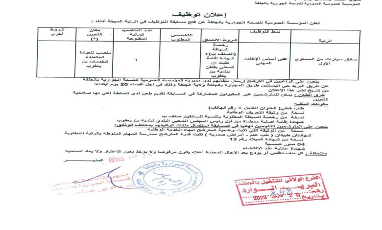 اعلان توظيف بالمؤسسة العمومية للصحة الجوارية بالجلفة