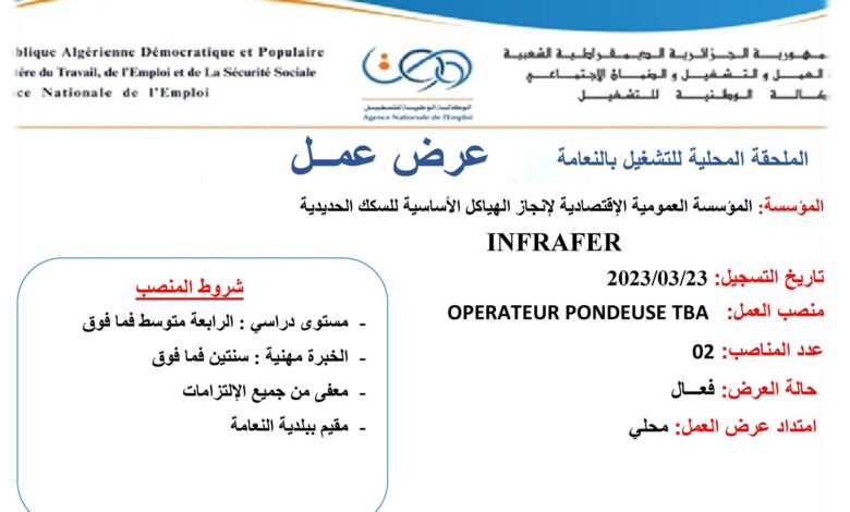 اعلان توظيف بمؤسسة العمومية الاقتصادية لانجاز الهياكل الأساسية للسكك الحديدية بالنعامة