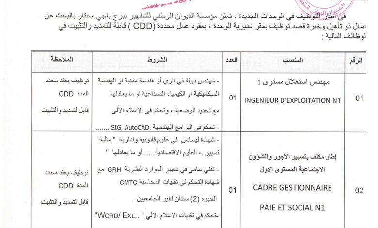 اعلان توظيف بالديوان الوطني للتطهير ONA ببرج باجي مختار للمستويات الجامعية