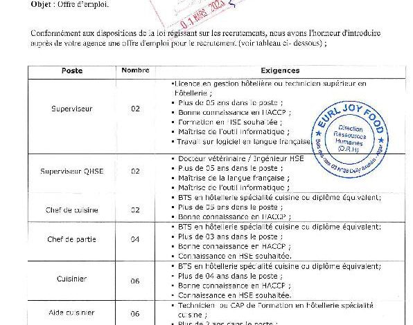 عرض عمل بشركة جوي فود حاسي مسعود في مختلف التخصصات الفندقية 100 منصب