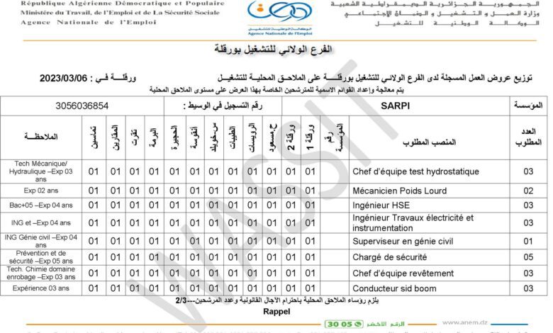 عرض عمل بشركة صاربي SARPI بحاسي مسعود 74 منصب