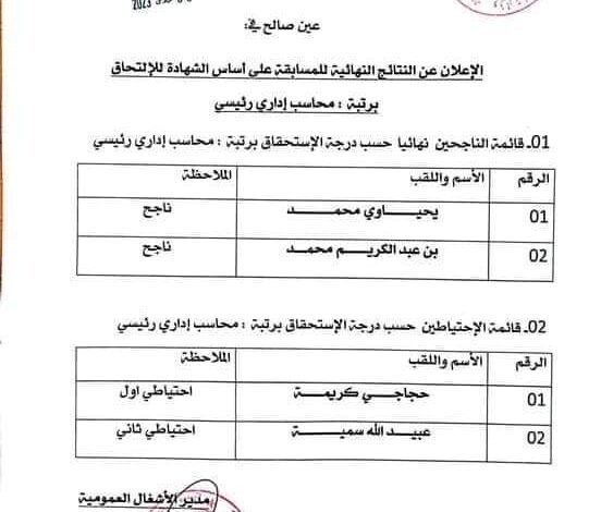 نتائج مسابقة مديرية الأشغال العمومية لولاية عين صالح