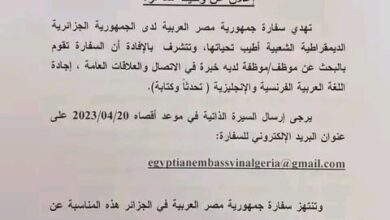 سفارة المصرية بالجزائر تبحث عن موظف (ة)