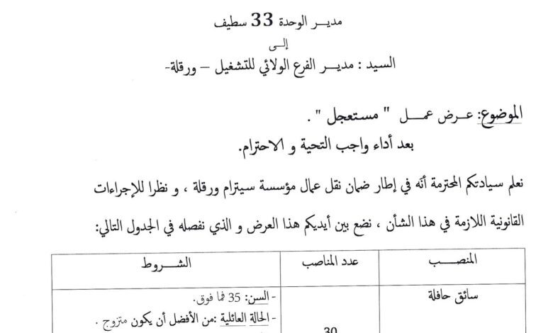 اعلان توظيف مستعجل بالمؤسسة العمومية الاقتصادية لنقل المسافرين بالشرق 30 منصب