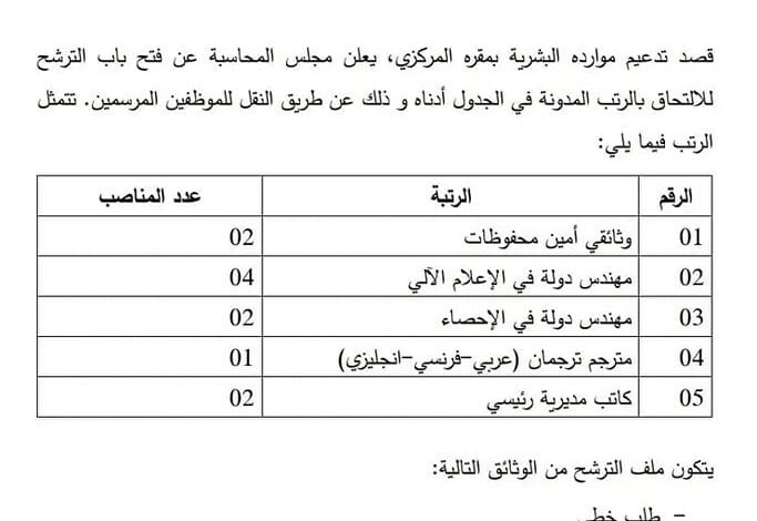 إعلان توظيف عن طريق النقل في مجلس المحاسبة