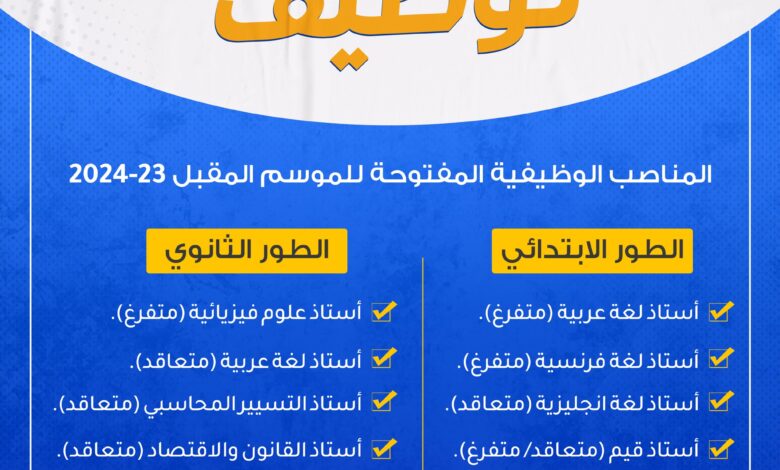 تعلن مدرسة الريادة عن فتح مناصب وظيفية جديدة أساتذة لأطوار الابتدائي والثانوي