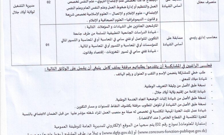 اعلان توظيف بمديرية التشغيل لولاية أولاد جلال اداريين
