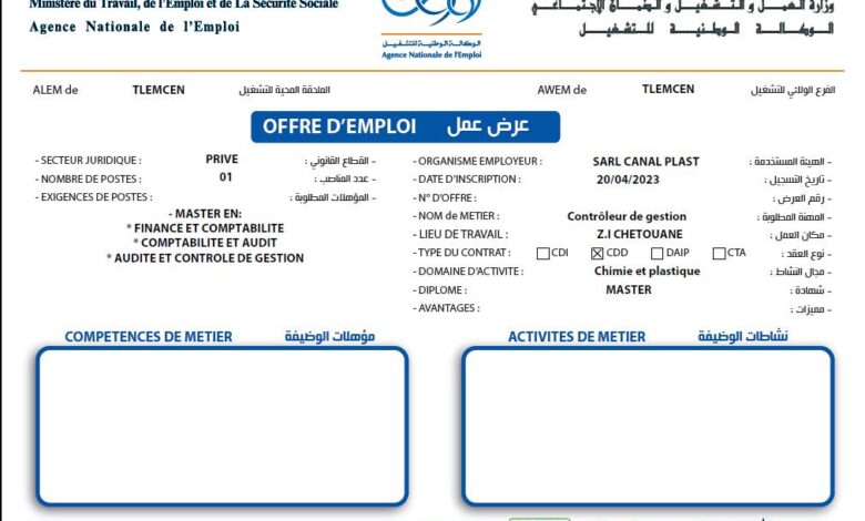 عروض عمل بوكالة التشغيل تلمسان ليوم 20 أفريل 2023