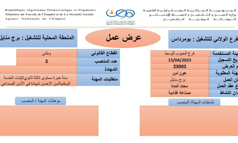 عرض عمل بفرع الحبوب للوسط بومرداس