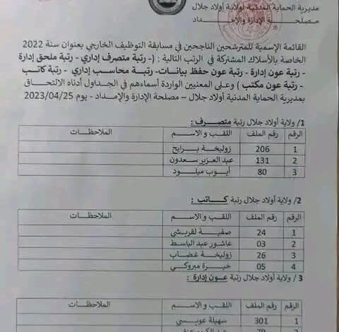 قوائم الناجحين بمسابقة الحماية المدنية عين صالح و أولاد جلال