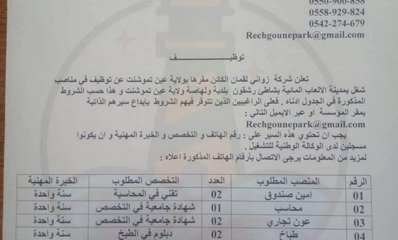 بحث عن عمال بحديقة رشقون للالعاب المائية في عدة تخصصات عين تموشنت