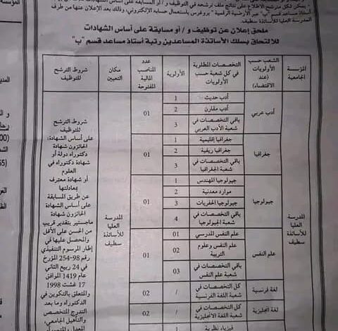 اعلان توظيف بالمدرسة العليا للأساتذة مسعود زغار سطيف