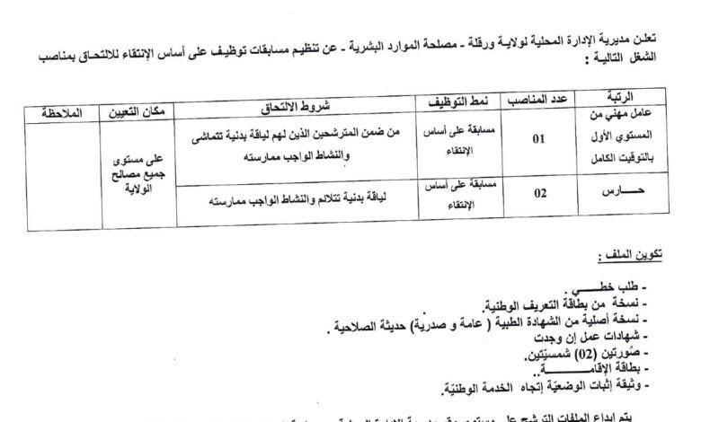اعلان توظيف بمديرية الادارة المحلية لولاية ورقلة