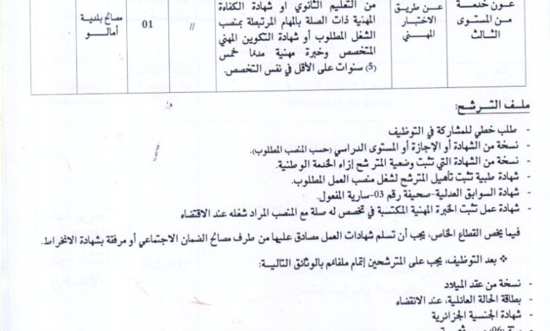 اعلان توظيف ببلدية أمالو ولاية بجاية